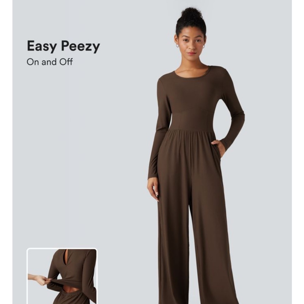 HALARA Long Sleeve Wide-Leg Jumpsuit in Chocolate Brown